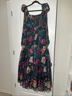 Floral Tiered Maxi Dress in Teal with Pink Accents
